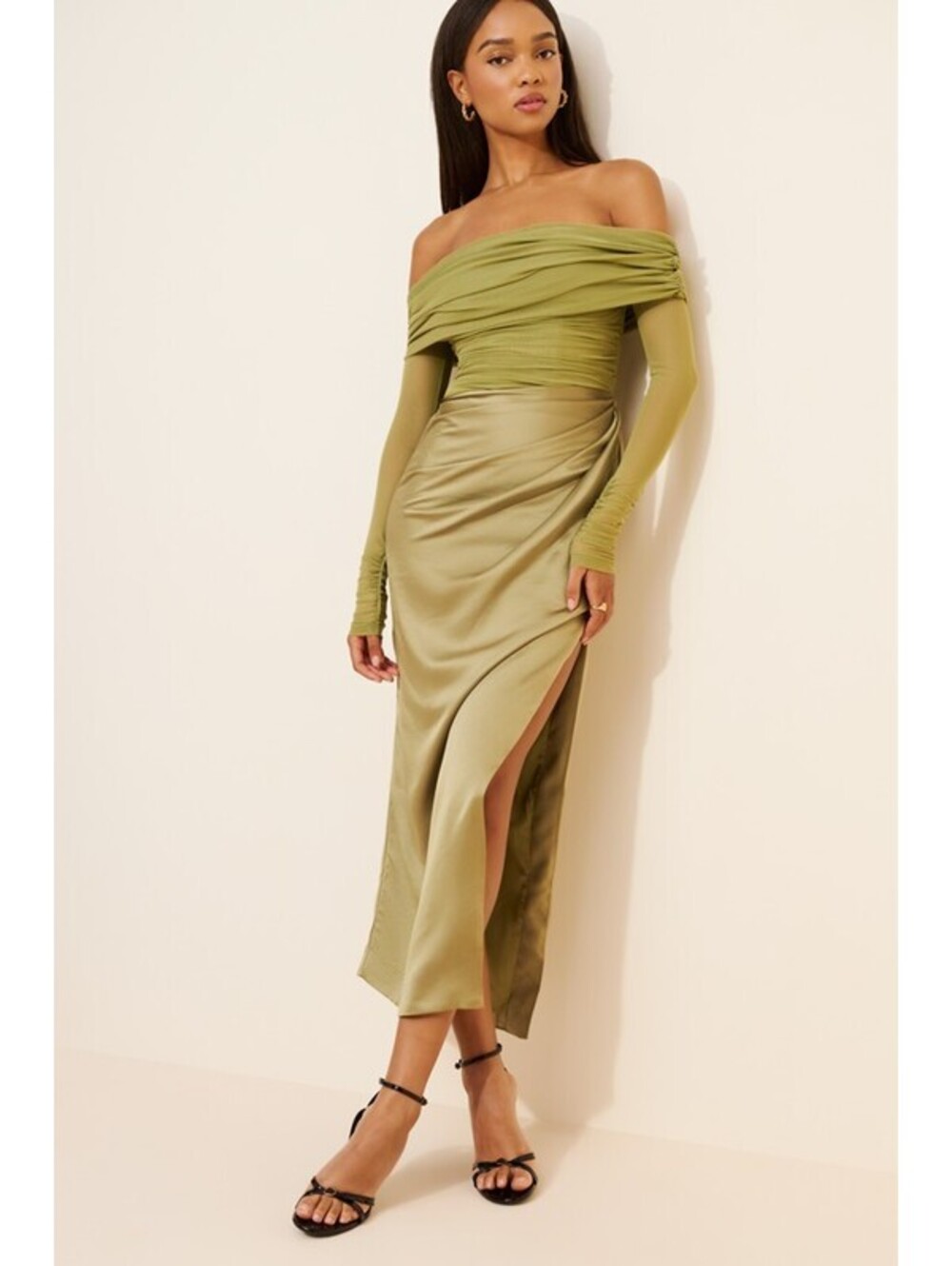 Anthropologie x BHLDN - Olive Green Off-Shoulder Satin Maxi Dress, Size S